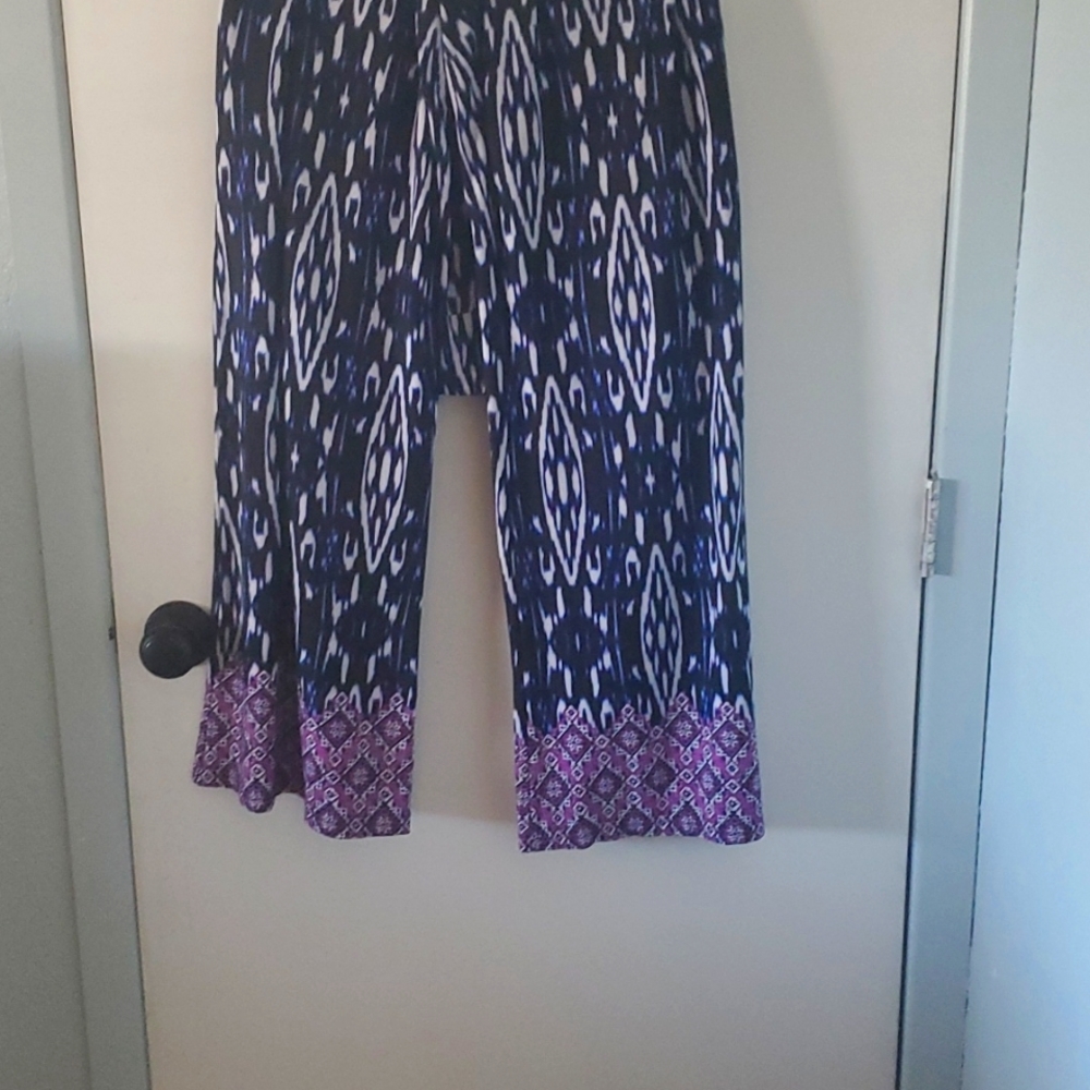 Fun print wide leg pull on pant stretch fabric